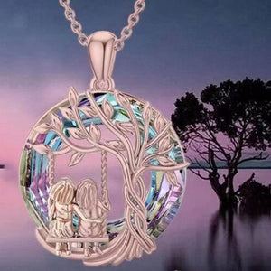 Árbol de la vida Hermana en el columpio Collar con colgante de cristal oro rosado